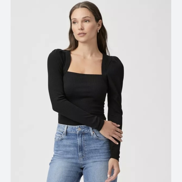 Long Sleeve Sibyl Top In Black Rib Knit With Puff Sleeves Size M - Picture 7 of 16